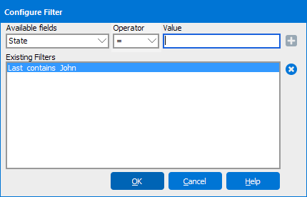 This image is the Configure Filter dialog with options that allow you to not include selected fields in the report.